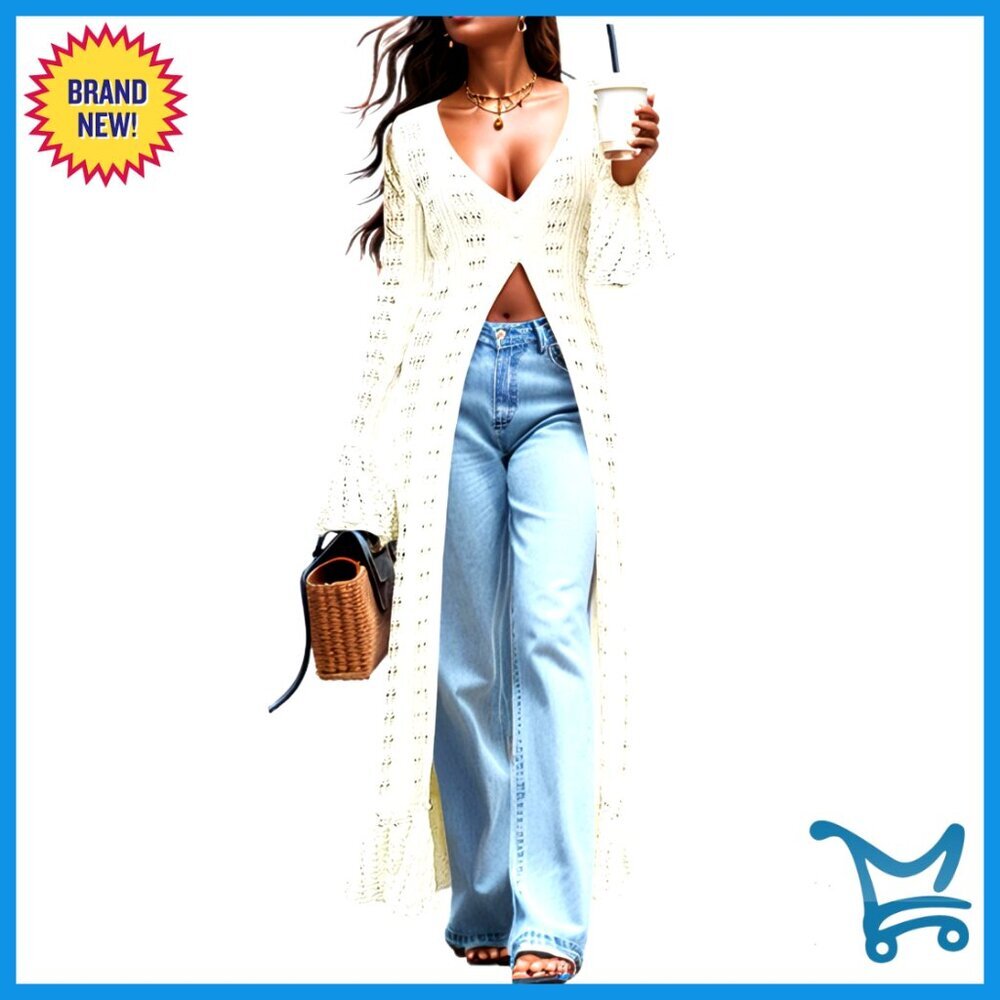Maxi Crochet Cardigan Lightweight Boho Bell Sleeves Ruffle Hem Duster